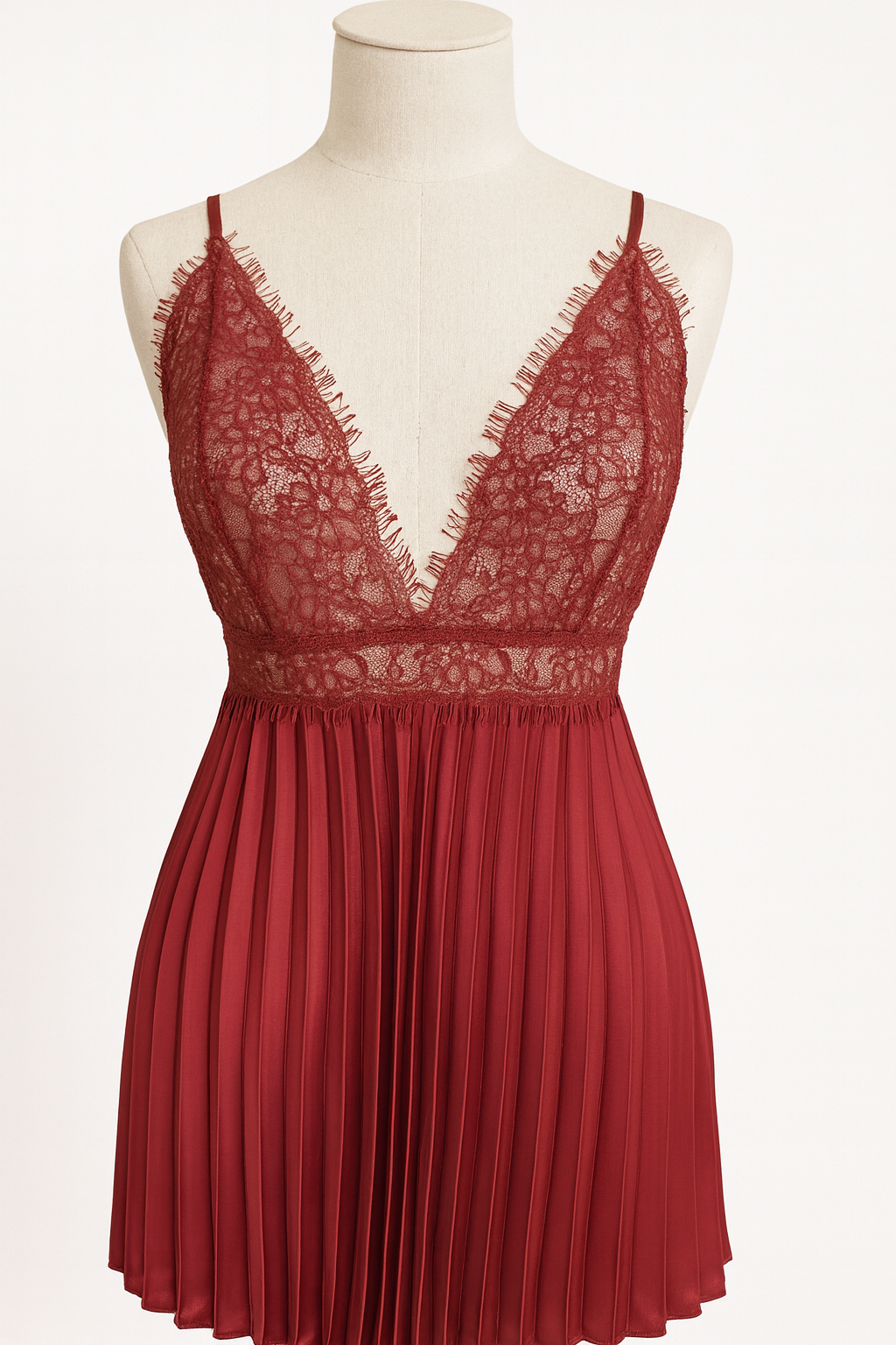 Short Night Dress Silk Satin & Lace - bordo