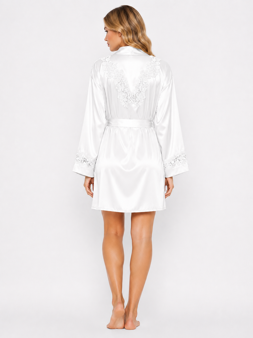 Short Satin & Lace Nightdress & Robe Set white 1601