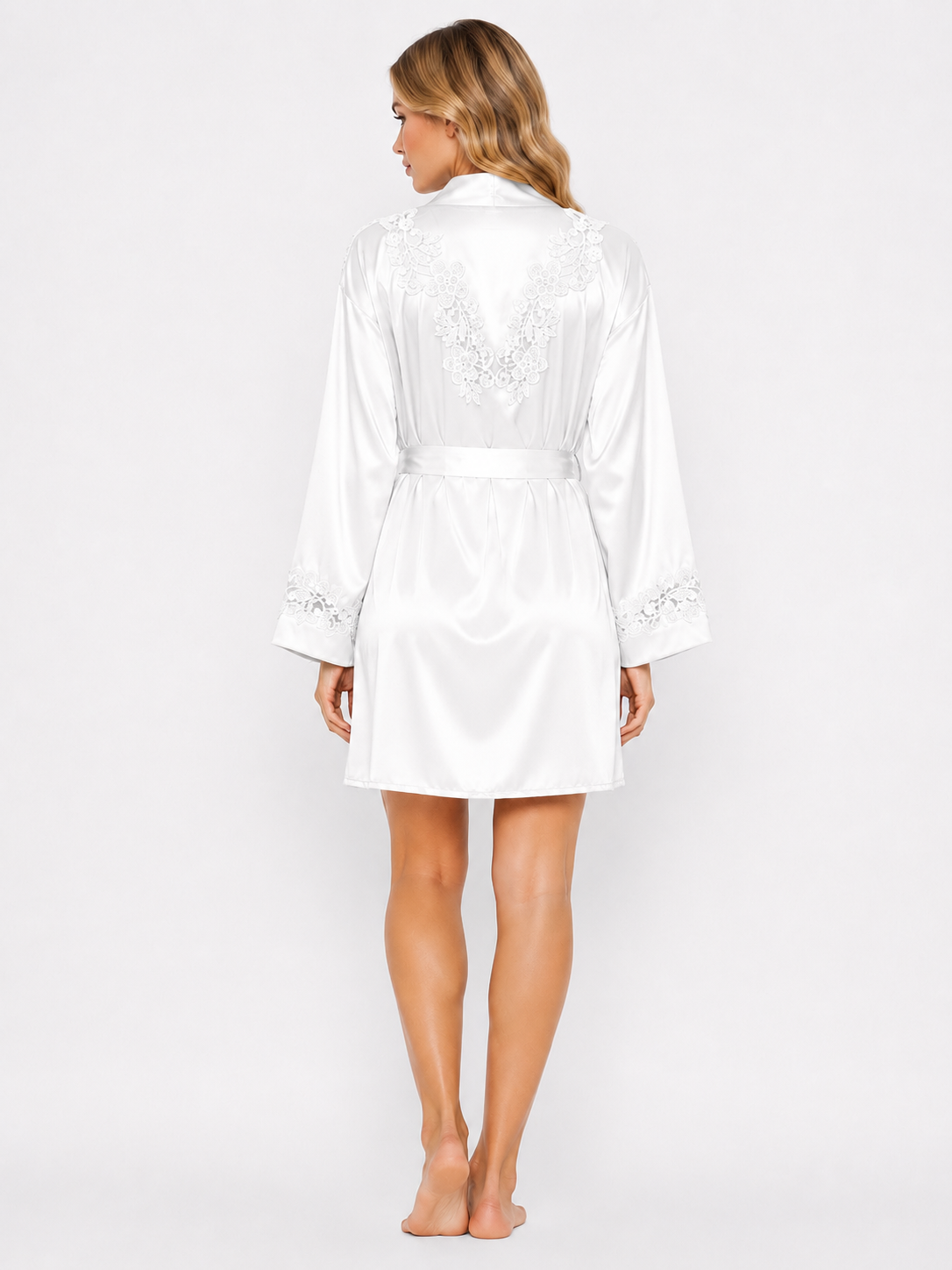 Short Satin & Lace Nightdress & Robe Set white 1601