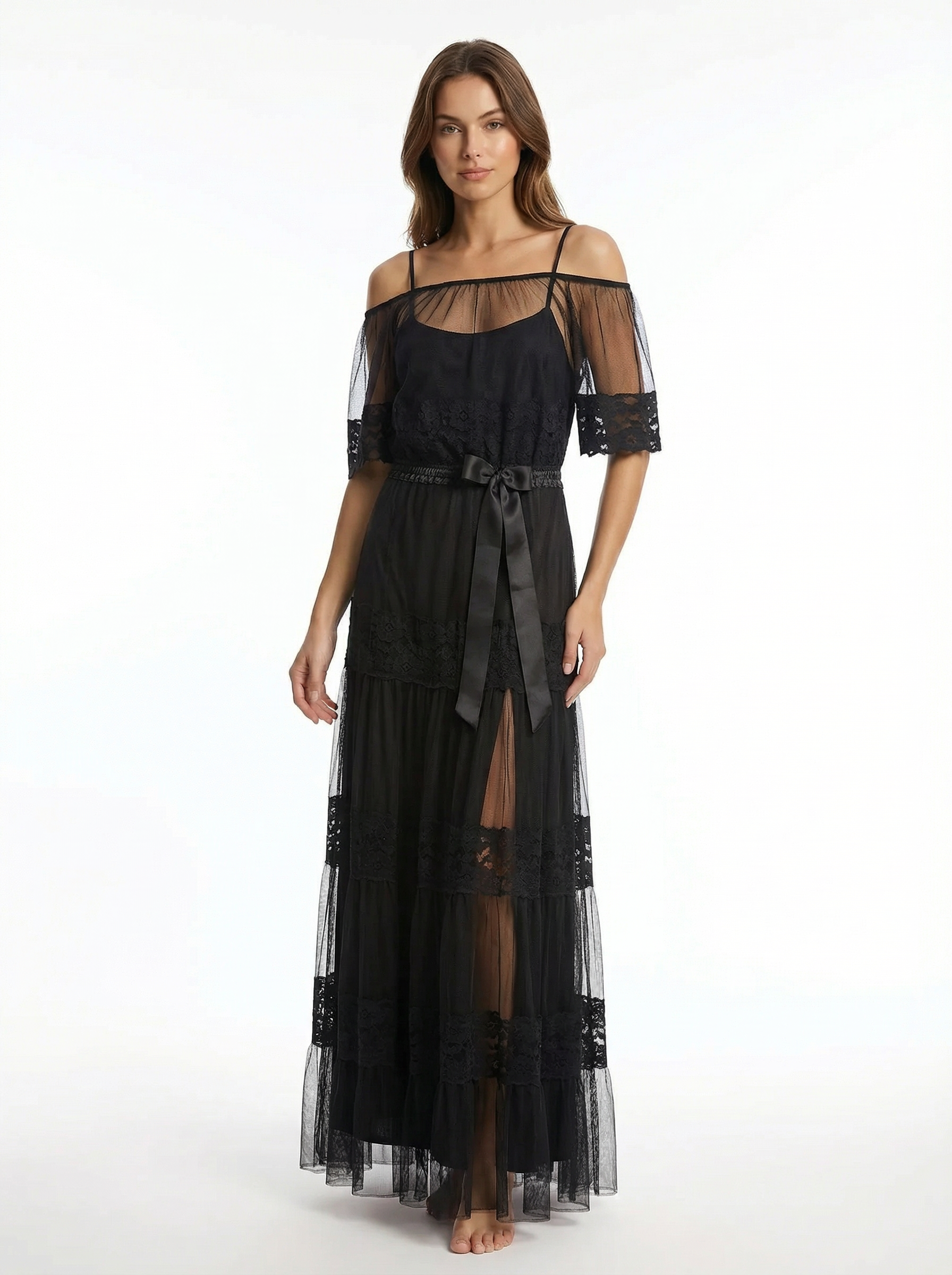 Long Dress lingerie elegant chiffon dress&tulle with lining gown ft2531