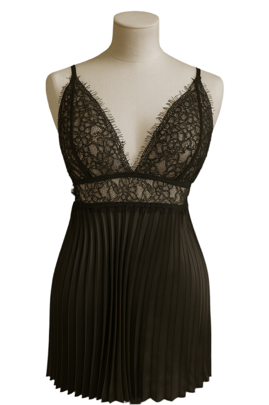 Short Night Dress Silk Satin & Lace - Black