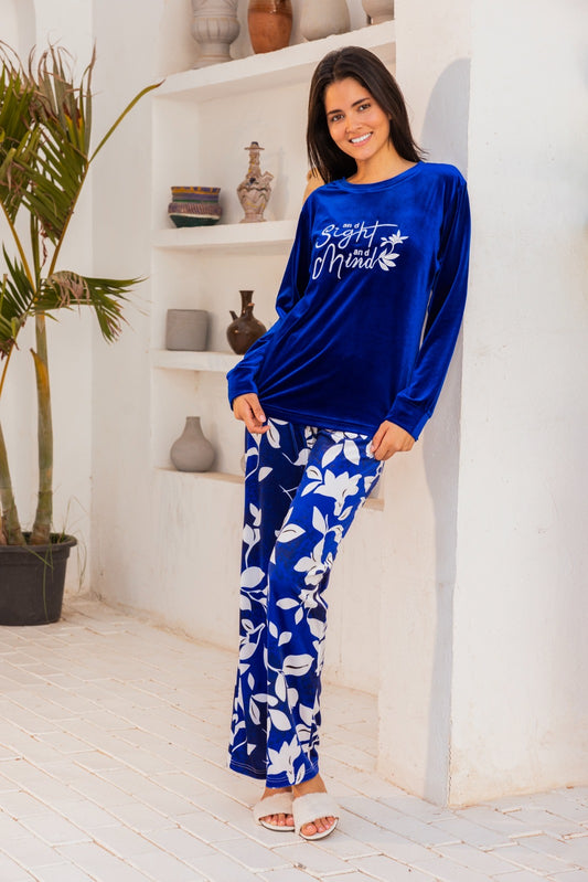 Women's blue pajamas soft velvet with embroidery printed pants sight mind