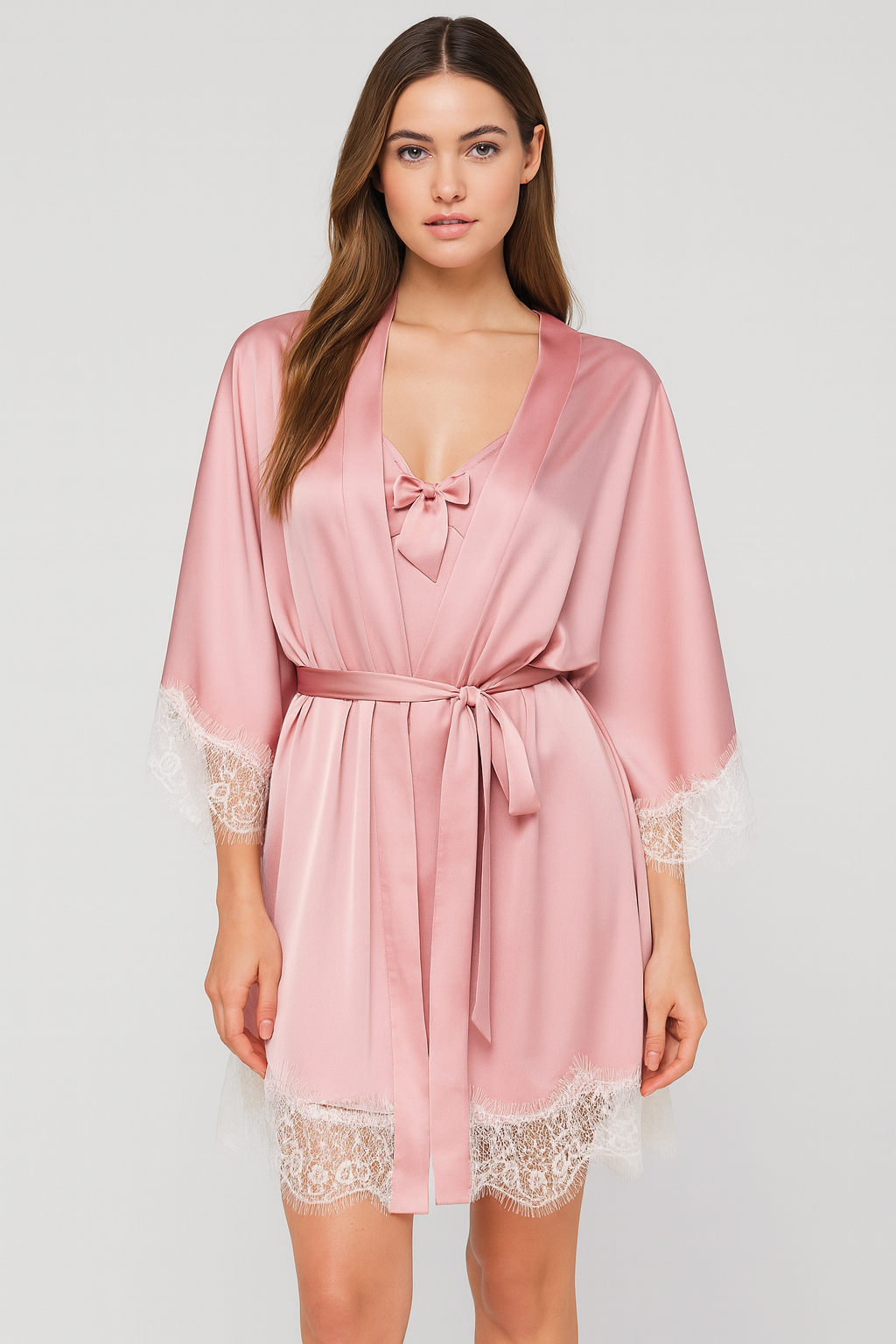 Short Satin & Lace butterfly Nightdress & Robe Set - soft pink Ft1663