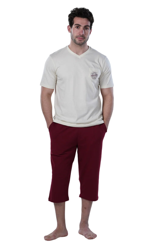 Men's Burgundy Pajama long short Set
