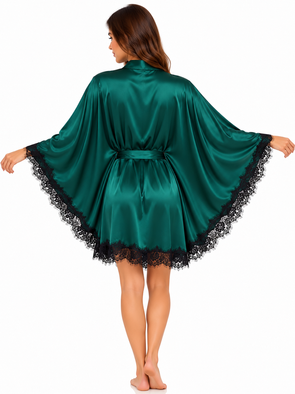 Short Satin & Lace butterfly Nightdress & Robe Set - Green  Ft1663
