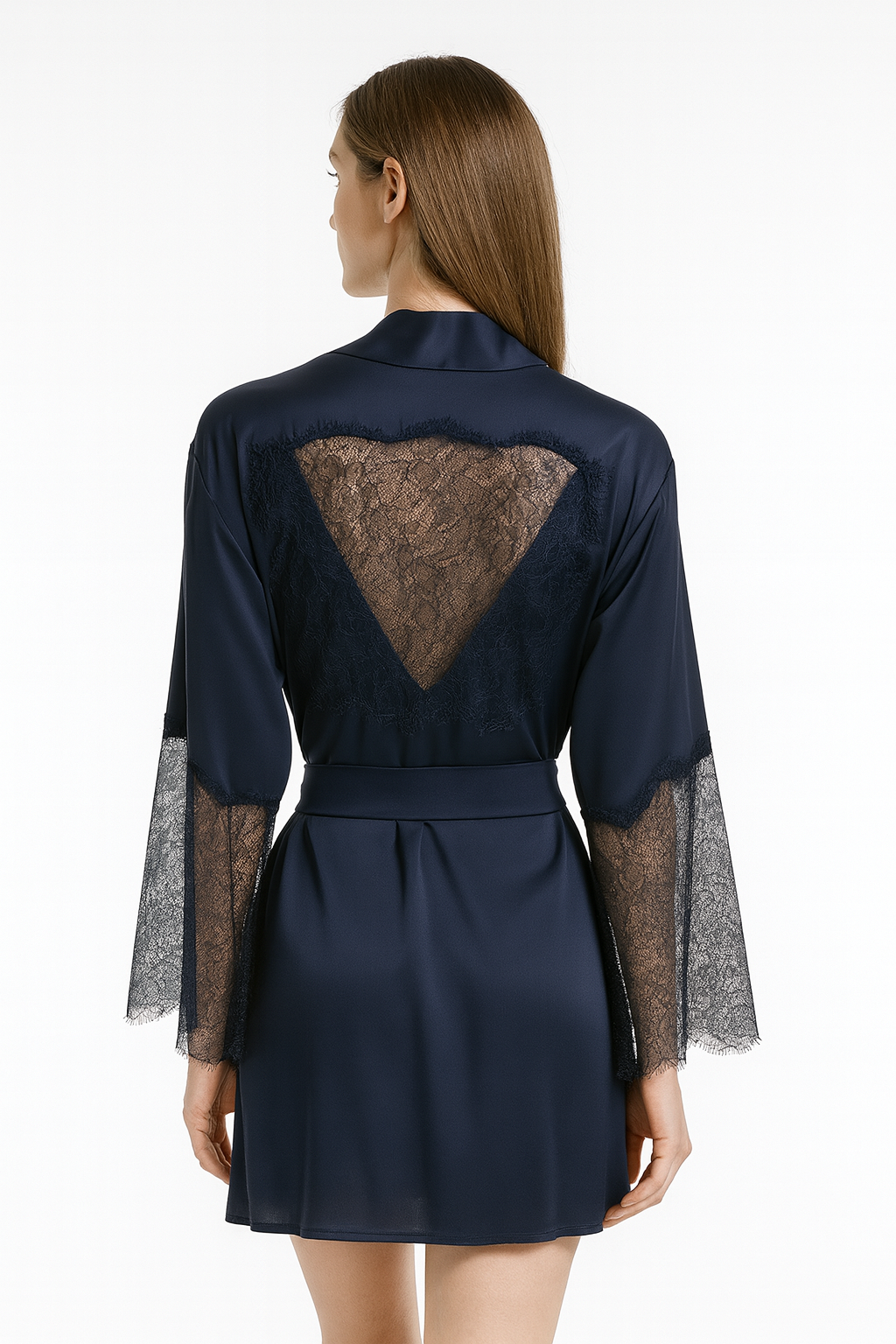 Short Satin & Lace Nightdress & Robe Set navy