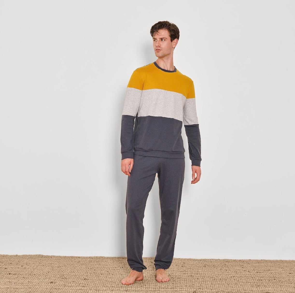Men’s Pajama Italian Premium Cotton  Color-Block Pajama Set – Medium Thick Available in Mustard/Grey and Blue/Grey 91042