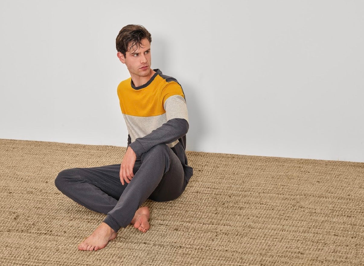 Men’s Pajama Italian Premium Cotton  Color-Block Pajama Set – Medium Thick Available in Mustard/Grey and Blue/Grey 91042