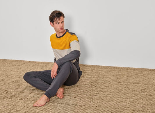 Men’s Pajama Italian Premium Cotton  Color-Block Pajama Set – Medium Thick Available in Mustard/Grey and Blue/Grey 91042