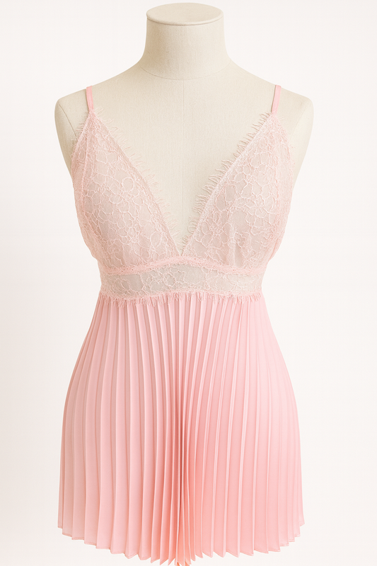 Short Night Dress Silk Satin & Lace - Soft Pink