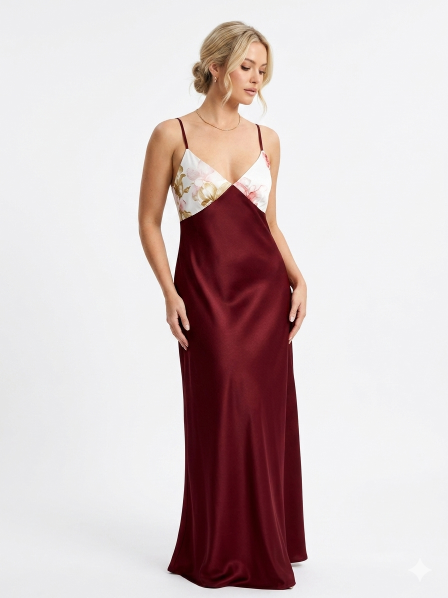 Luxury Chiffon Robe with Silk Satin Set bordo