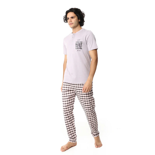 Men’s Cotton Pajama Set – Lavender Henley T-Shirt and Checkered Pants