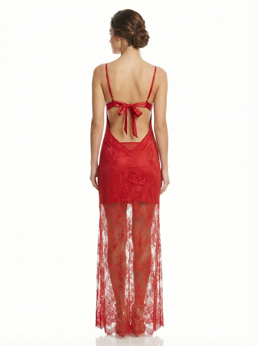 Long Dress lingerie tulle with silk satin red ft1560