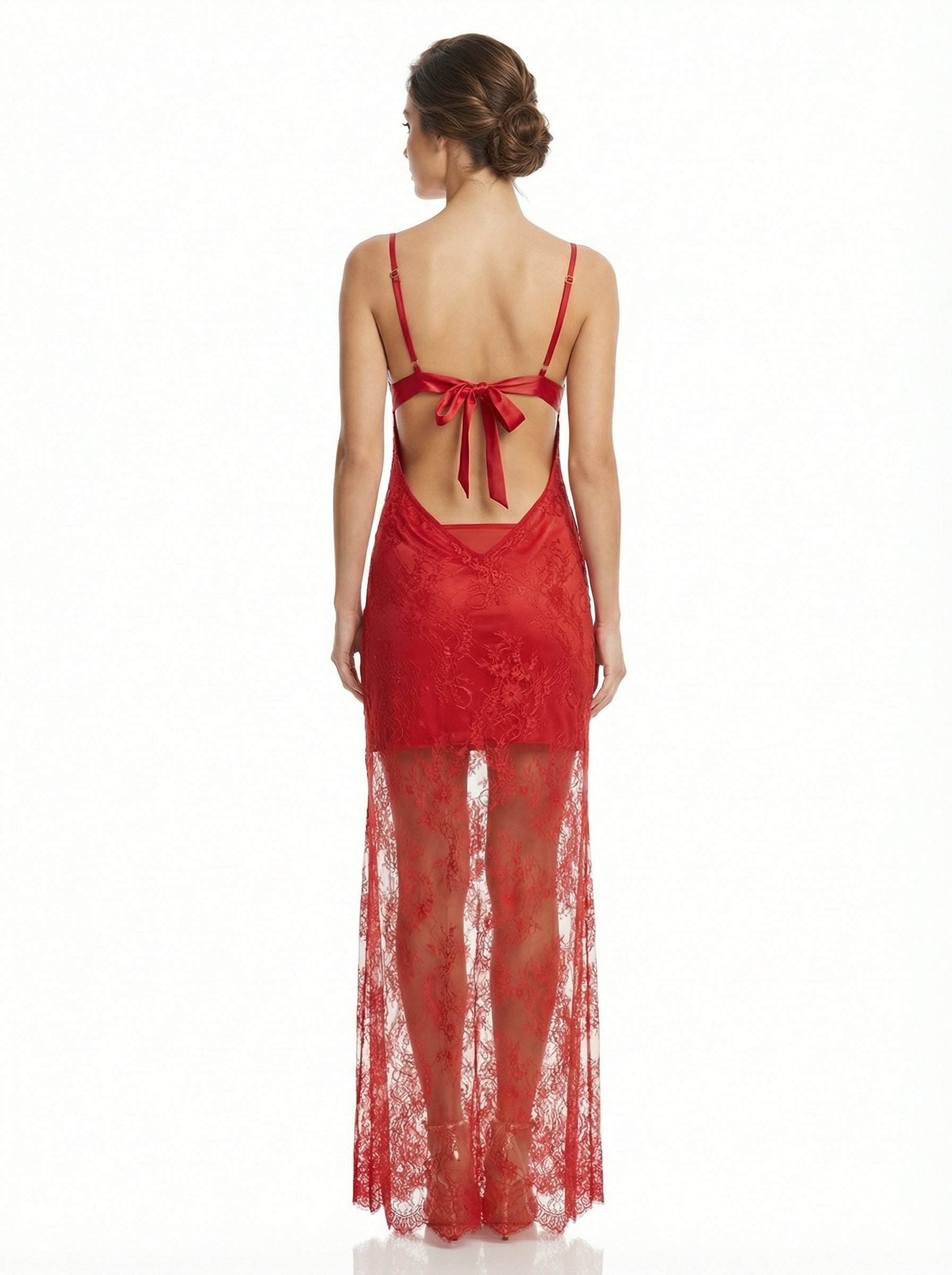 Long Dress lingerie tulle with silk satin red ft1560