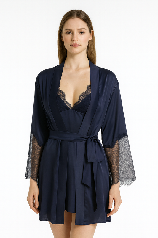 Short Satin & Lace Nightdress & Robe Set navy