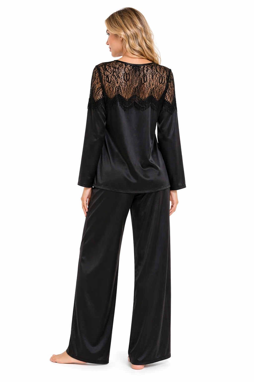 Women Pajama long sleeve silk satin black ft1307