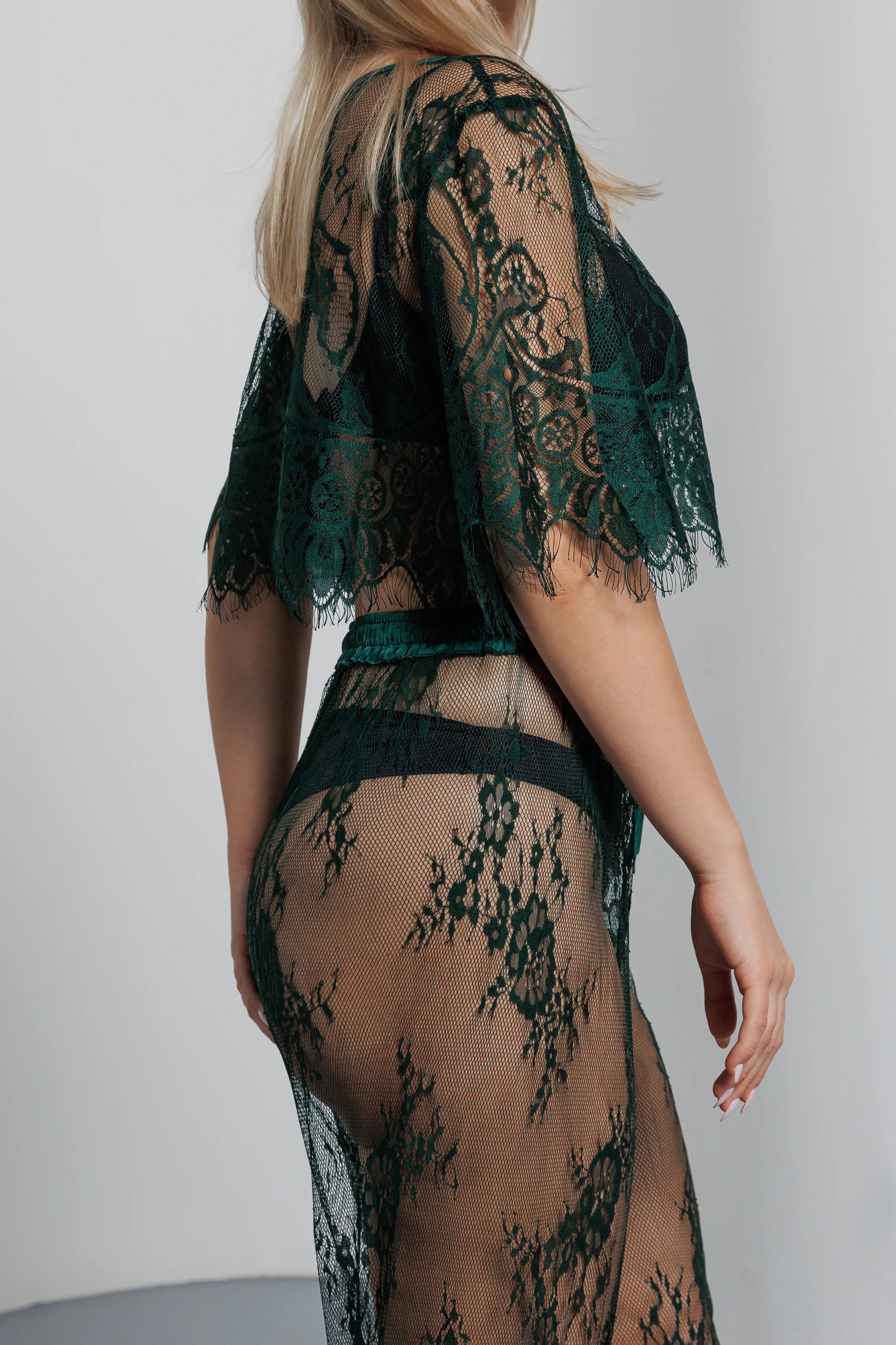 Long Lace Pajamas Set -green