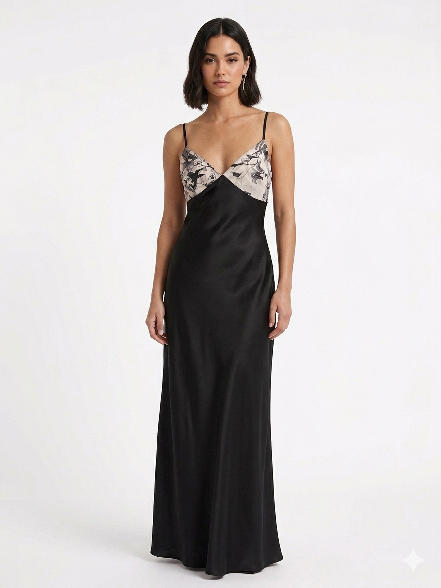 Luxury Chiffon Robe with Silk Satin Set Black