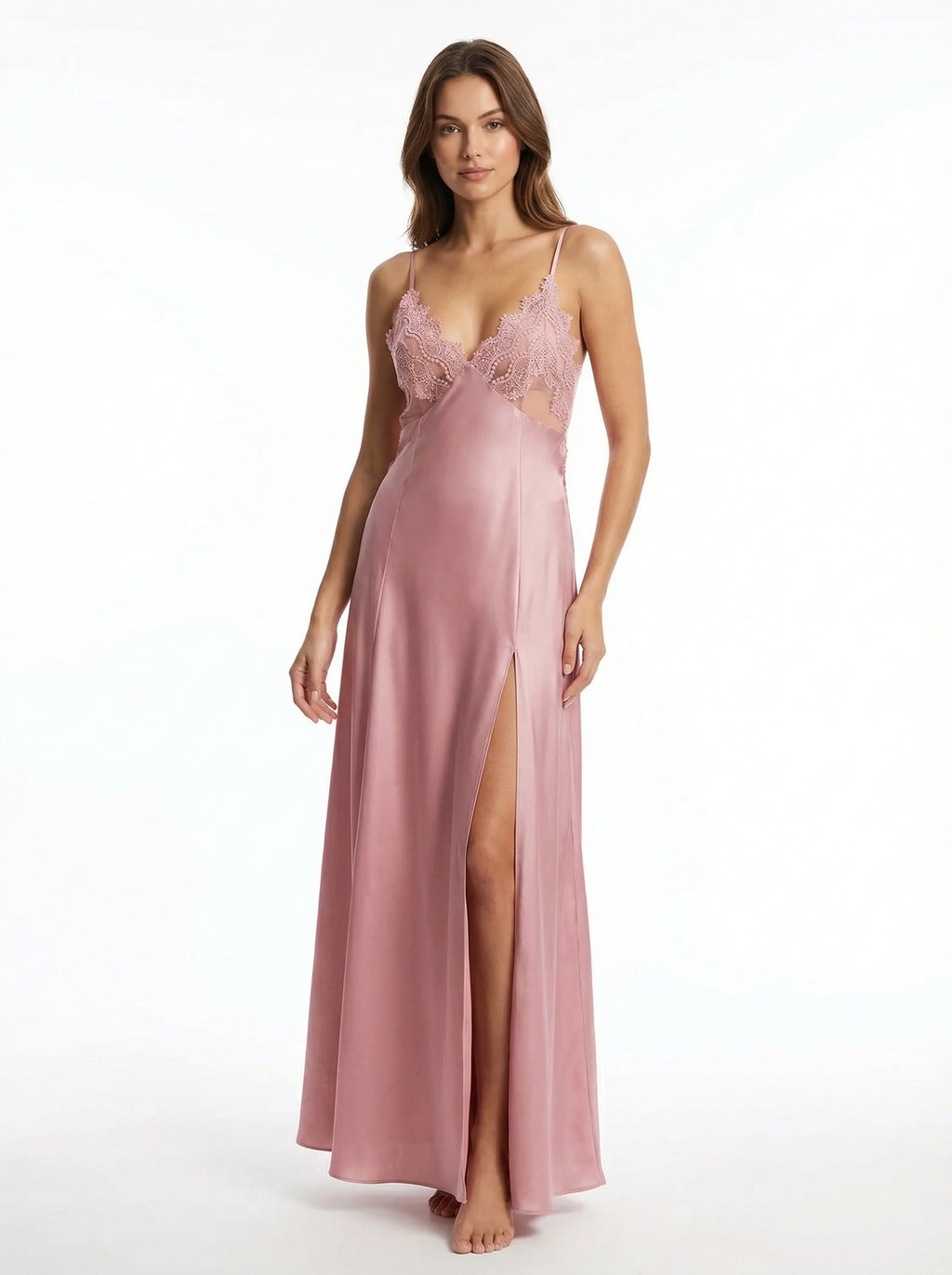 Long Dress lingerie silk satin pink ft1590