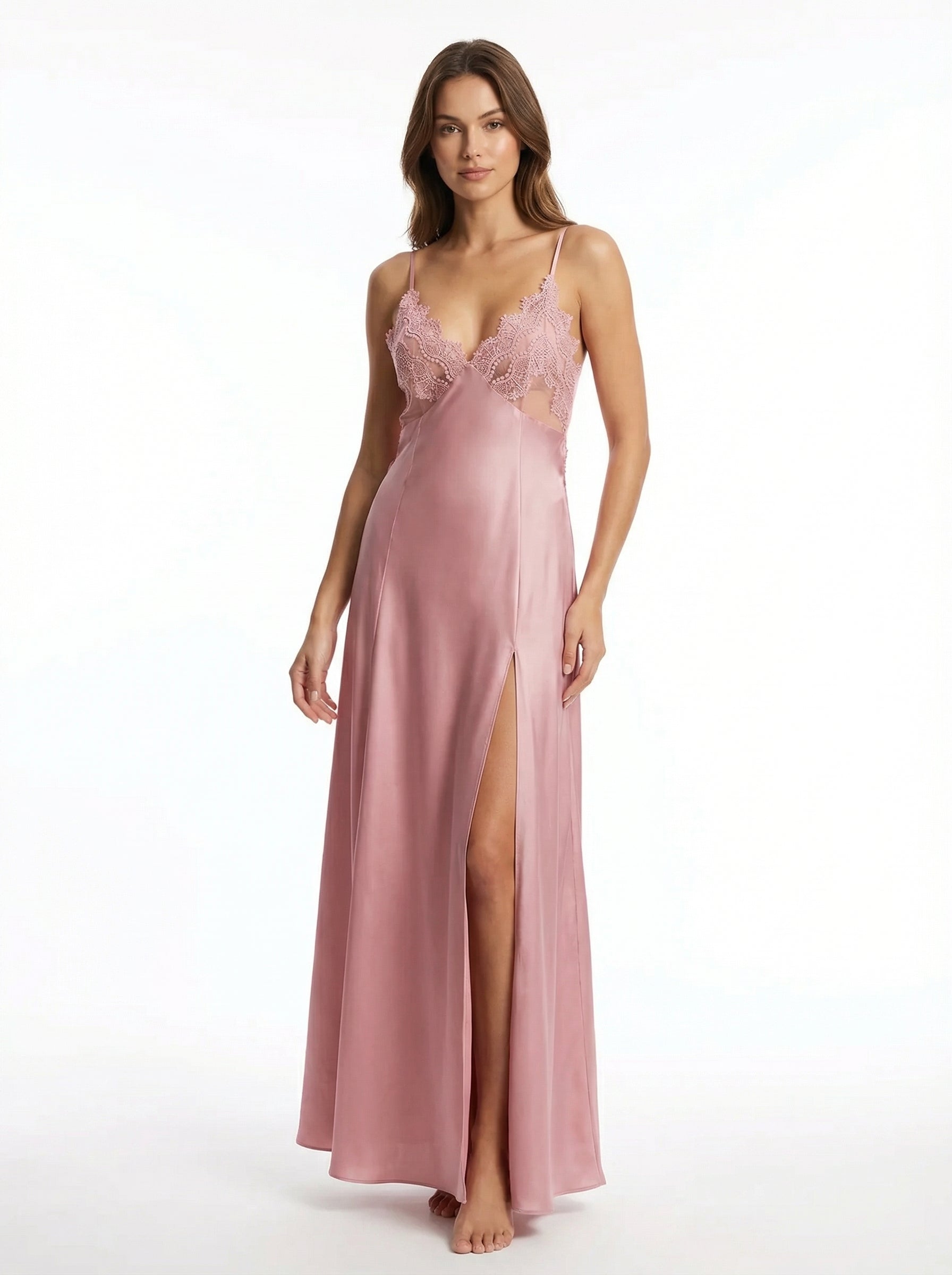 Long Dress lingerie silk satin pink ft1590