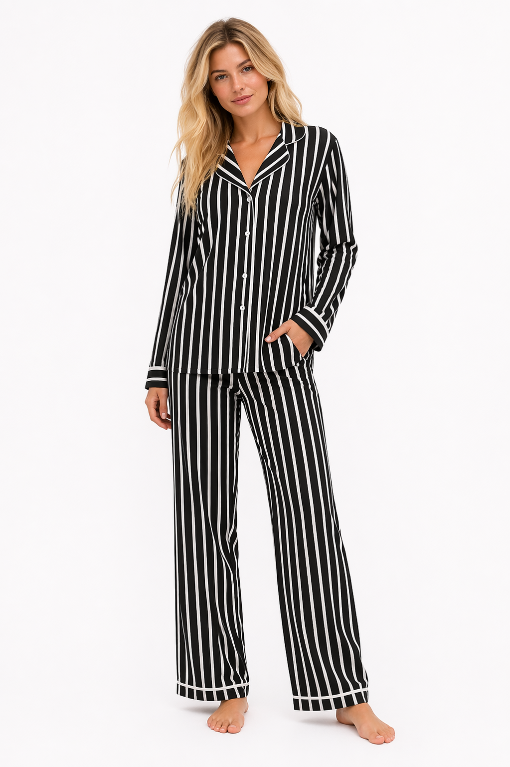 Women Pajama long sleeve silk satin black ft1323