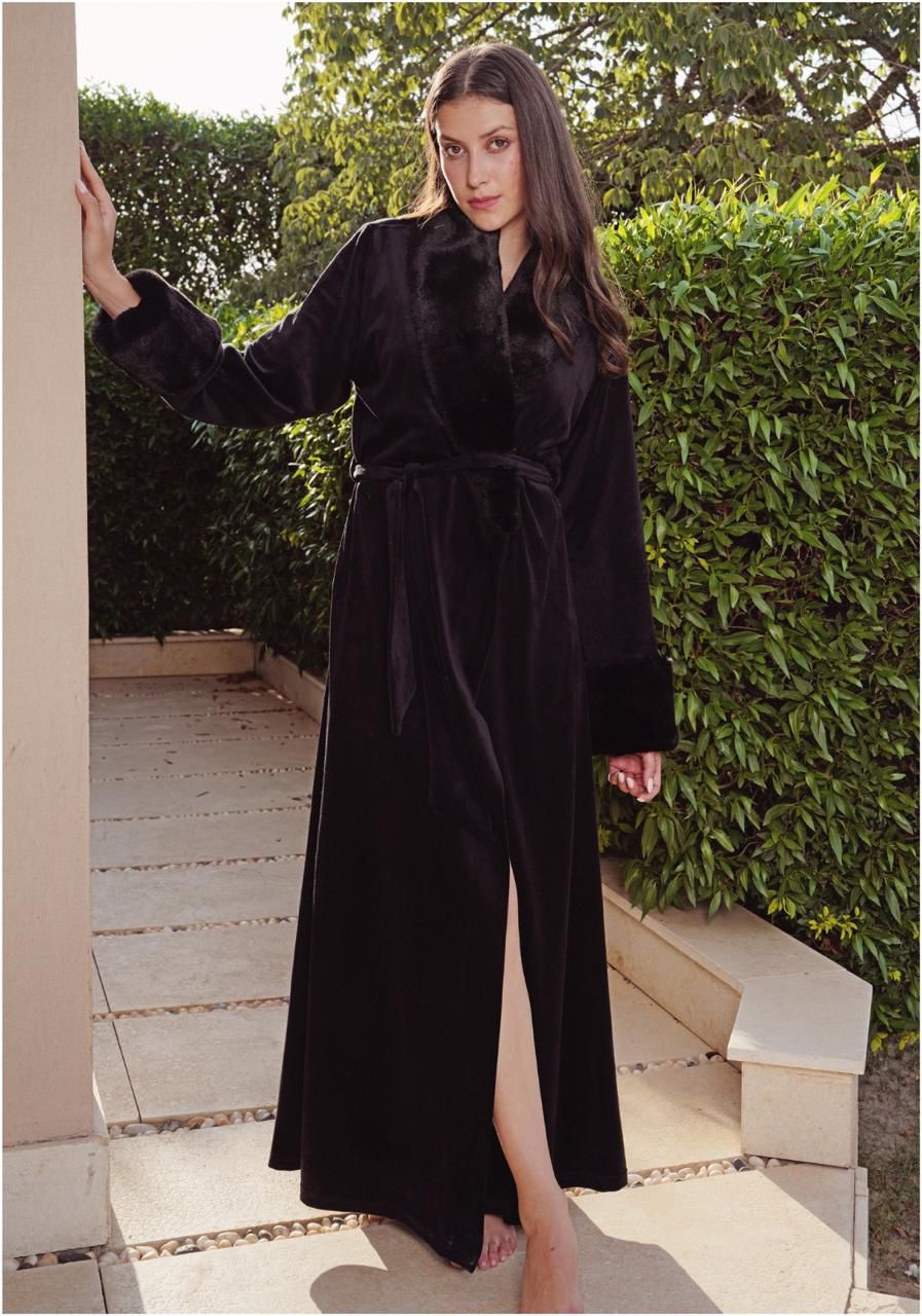 Luxury Women’s Velvet Winter Robe with Fur Black EG16822