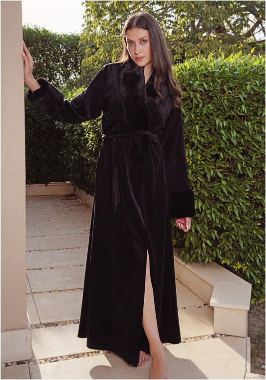 Luxury Women’s Velvet Winter Robe with Fur Black EG16822
