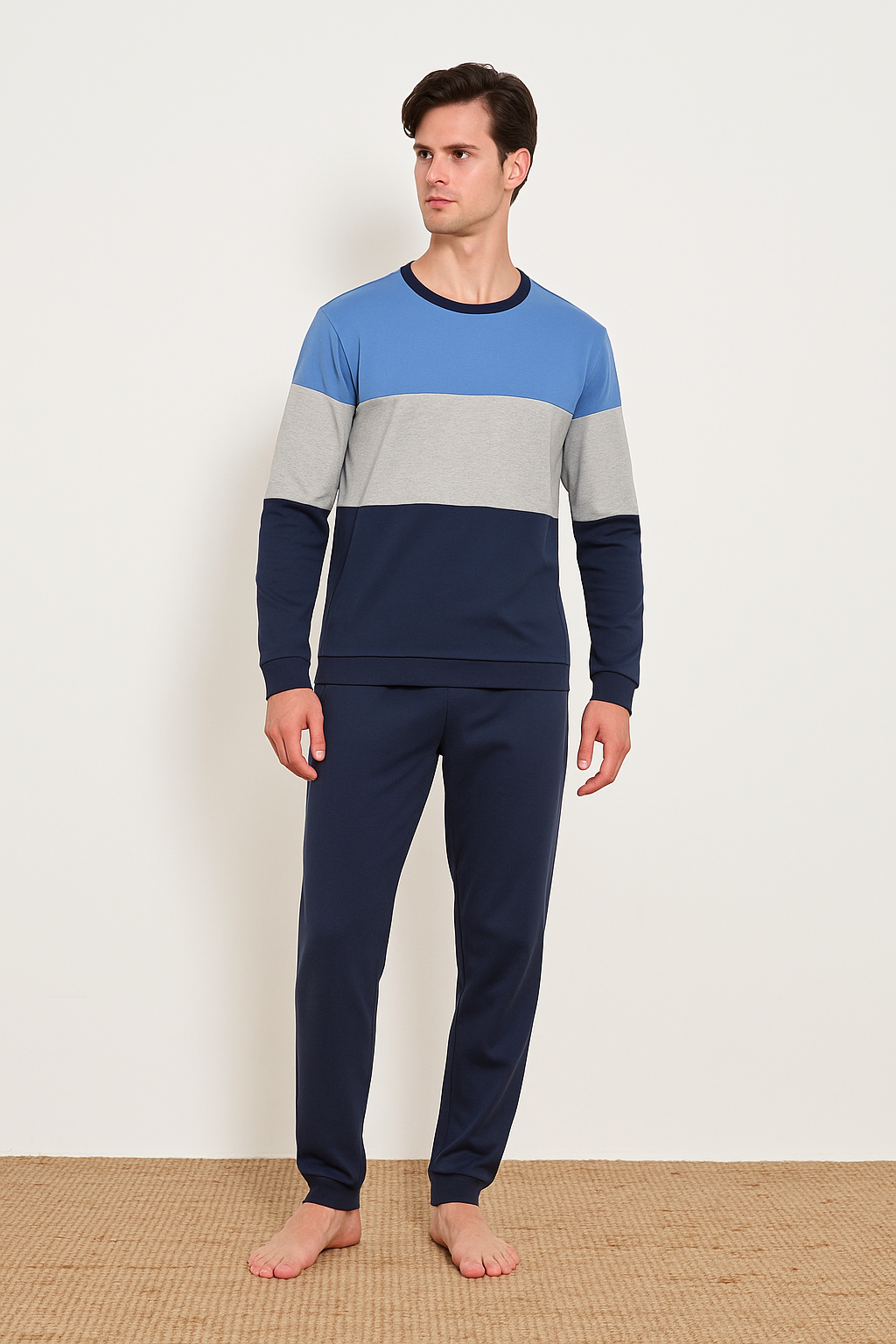 Men’s Pajama Italian Premium Cotton  Color-Block Pajama Set – Medium Thick Available in Mustard/Grey and Blue/Grey 91042