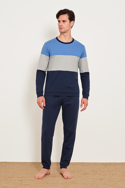 Men’s Pajama Italian Premium Cotton  Color-Block Pajama Set – Medium Thick Available in Mustard/Grey and Blue/Grey 91042
