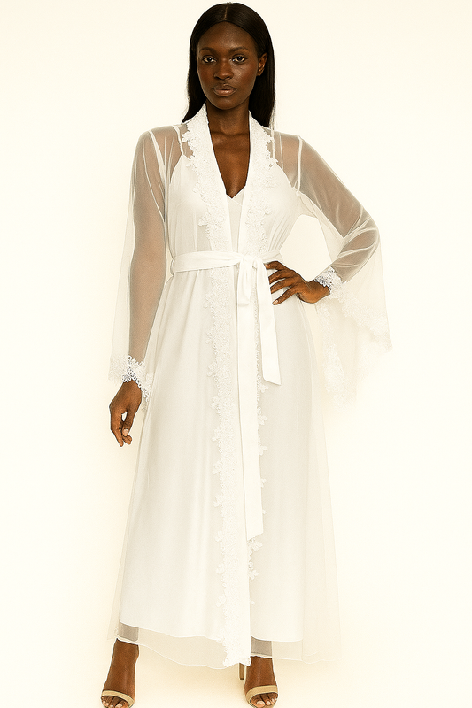2 pcs Lace  & Satin Long Nightdress & Robe Set - White