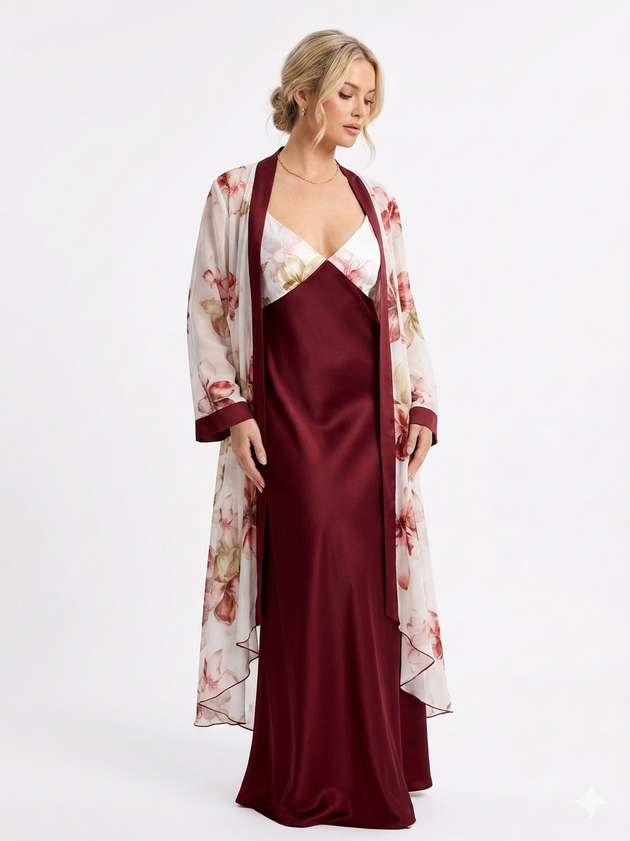 Luxury Chiffon Robe with Silk Satin Set bordo