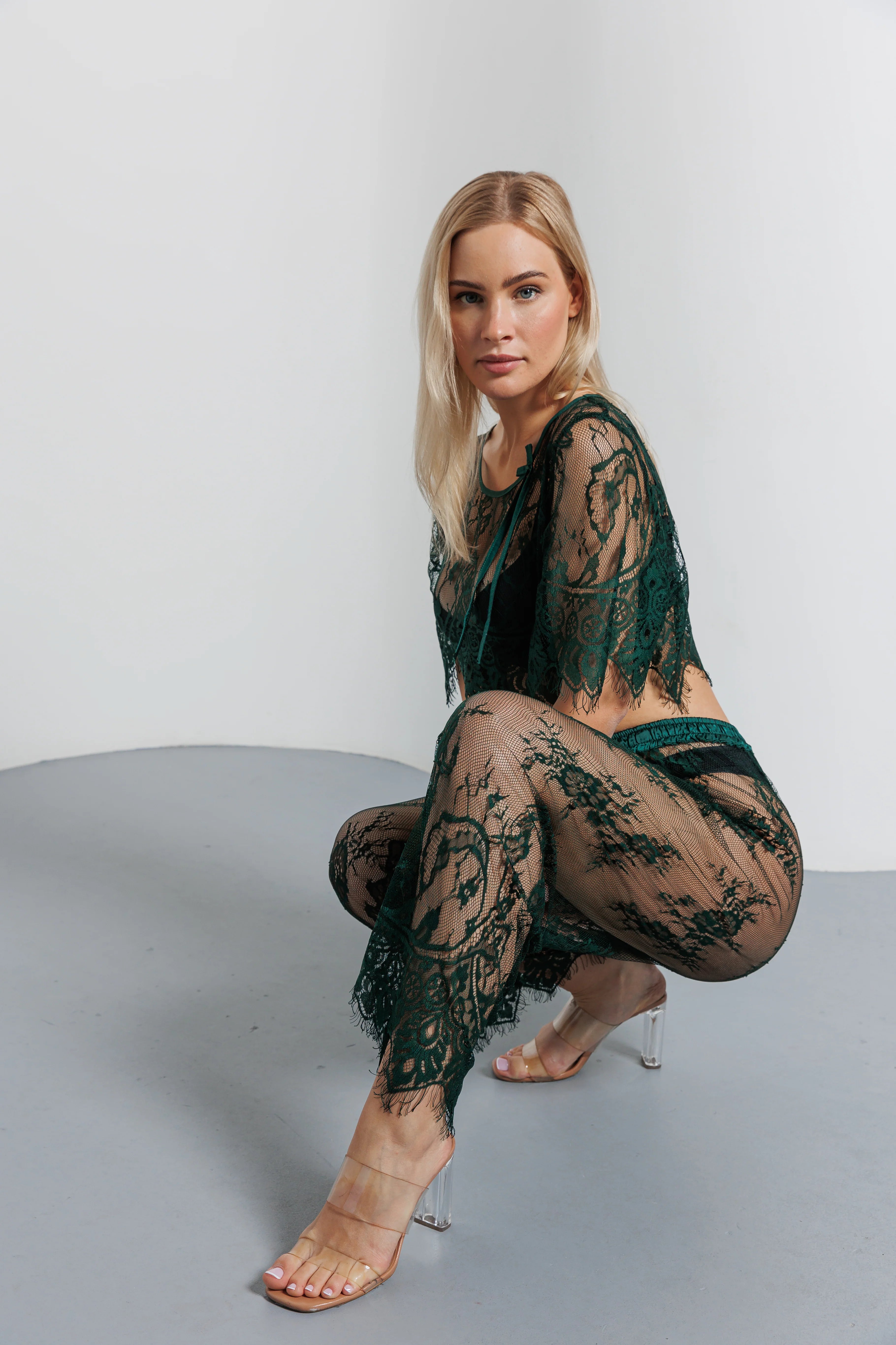Long Lace Pajamas Set -green
