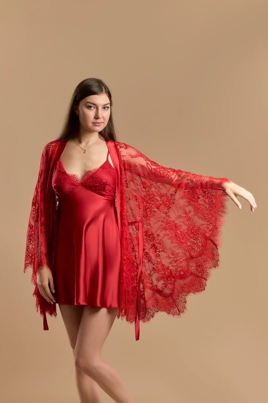 Short nightdress 2 piece satin & lace