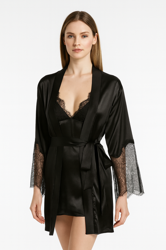 Short Satin & Lace Nightdress & Robe Set black