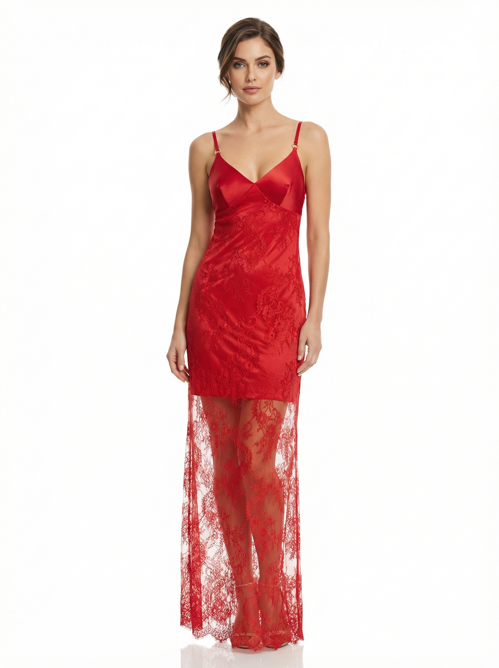 Long Dress lingerie tulle with silk satin red ft1560