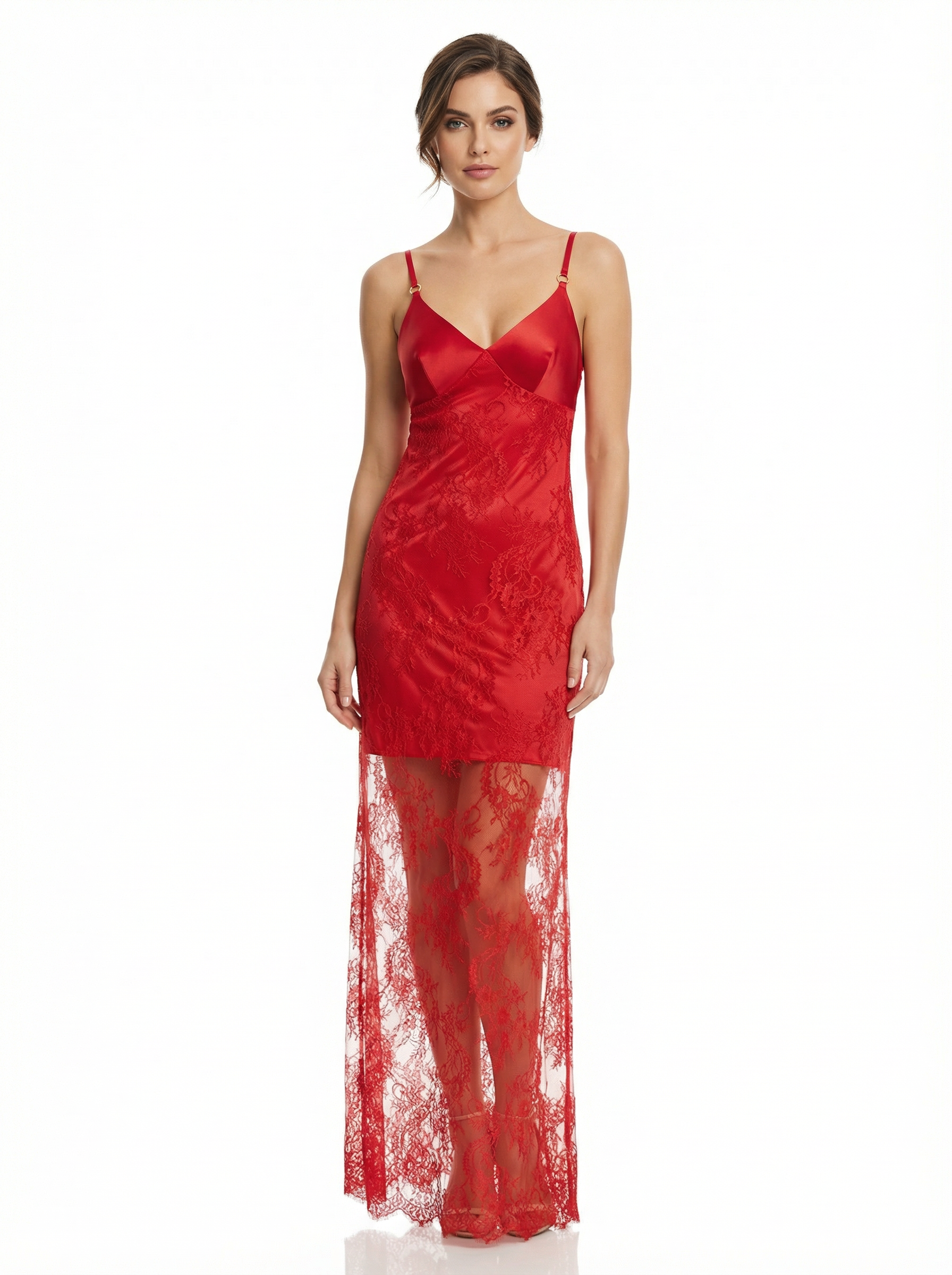 Long Dress lingerie tulle with silk satin red ft1560
