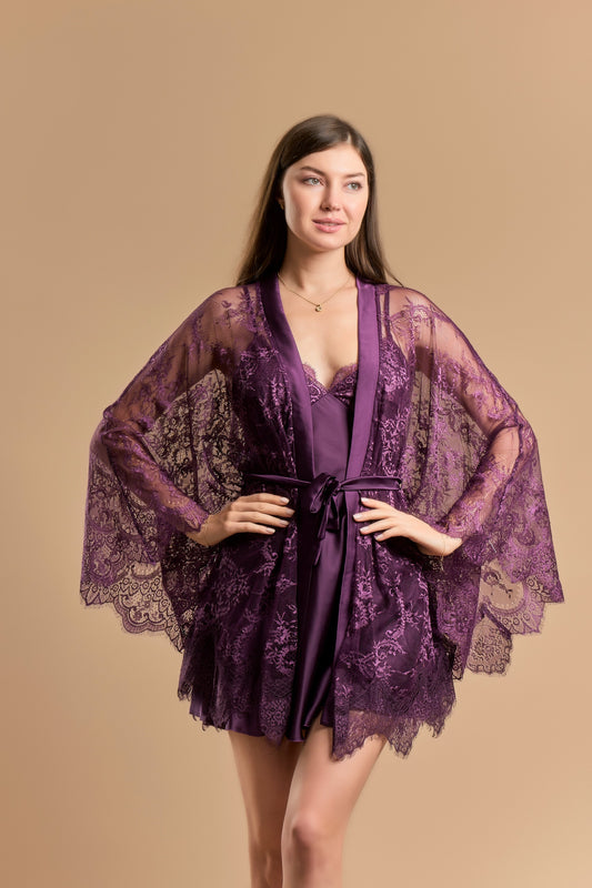 Short nightdress purple 2 piece satin & lace