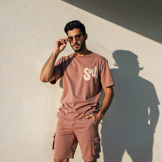 Men's Set Casual Cargo Shorts Set – Print T-Shirt - Brown