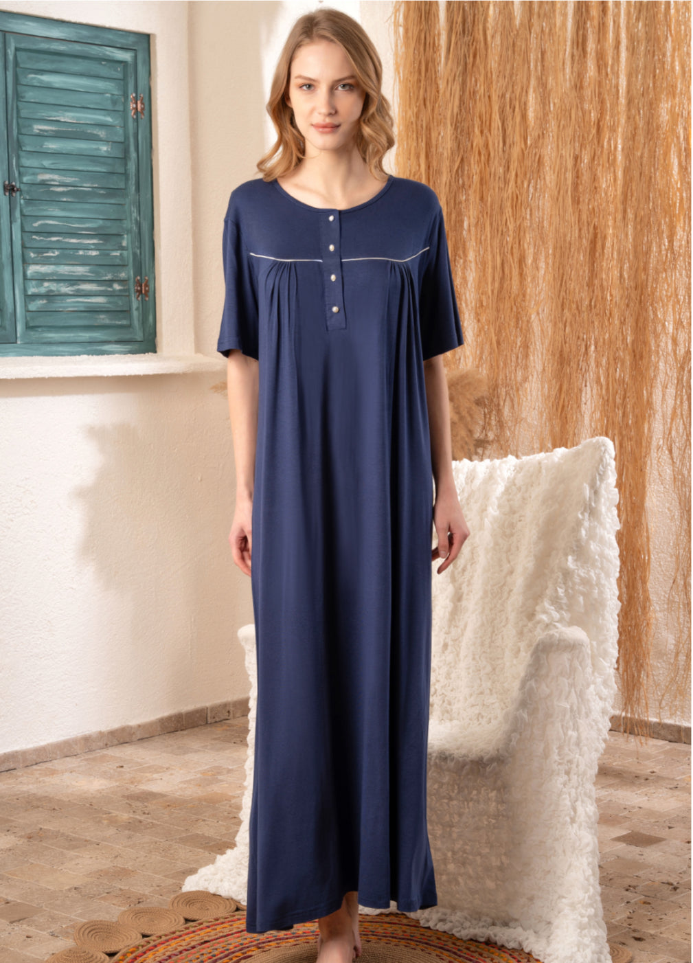 Women night gown maxi cotton modal navy b1601 – ladiesandgentlemenjo