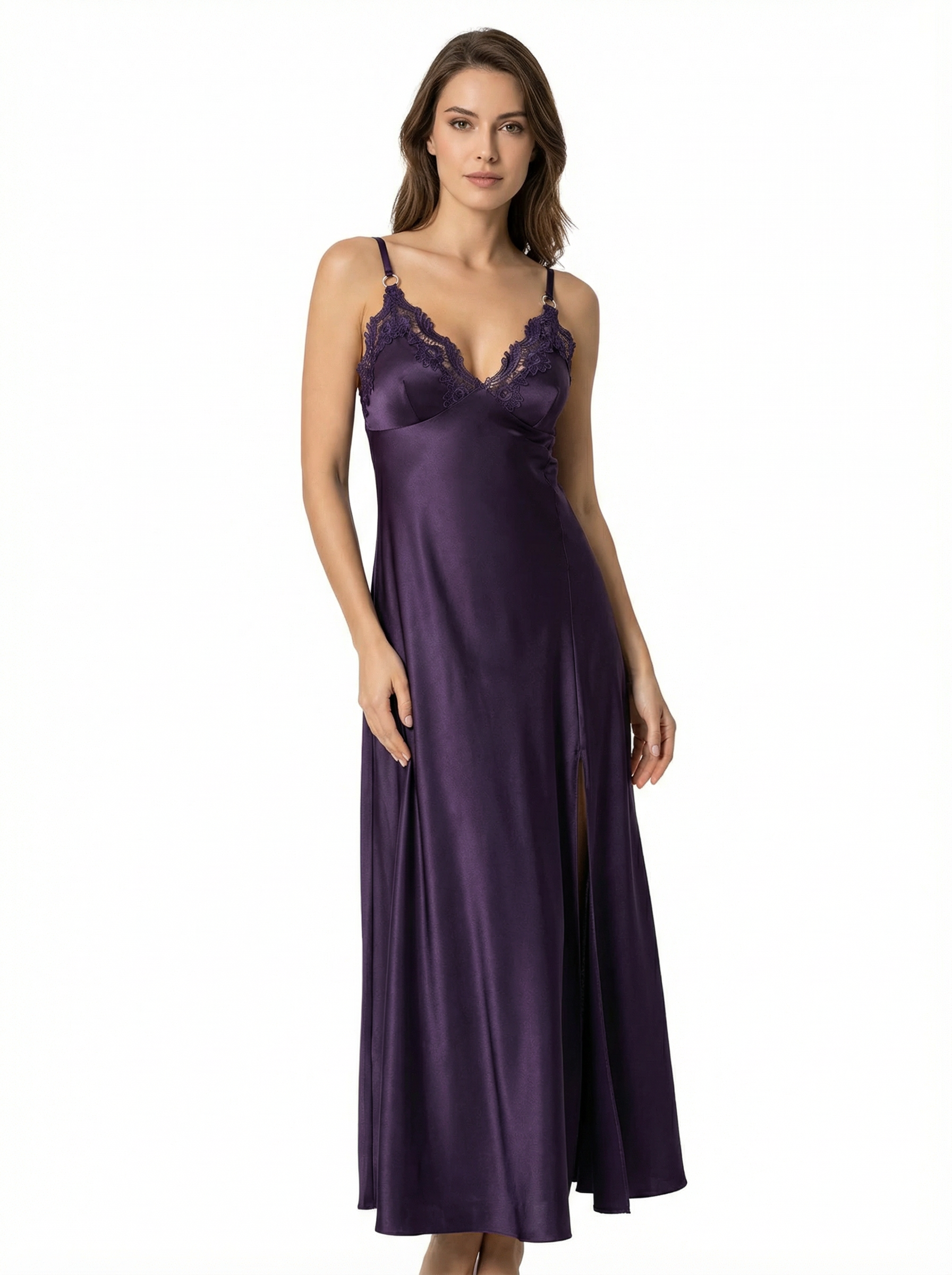 Long Dress lingerie silk satin purple ft1548