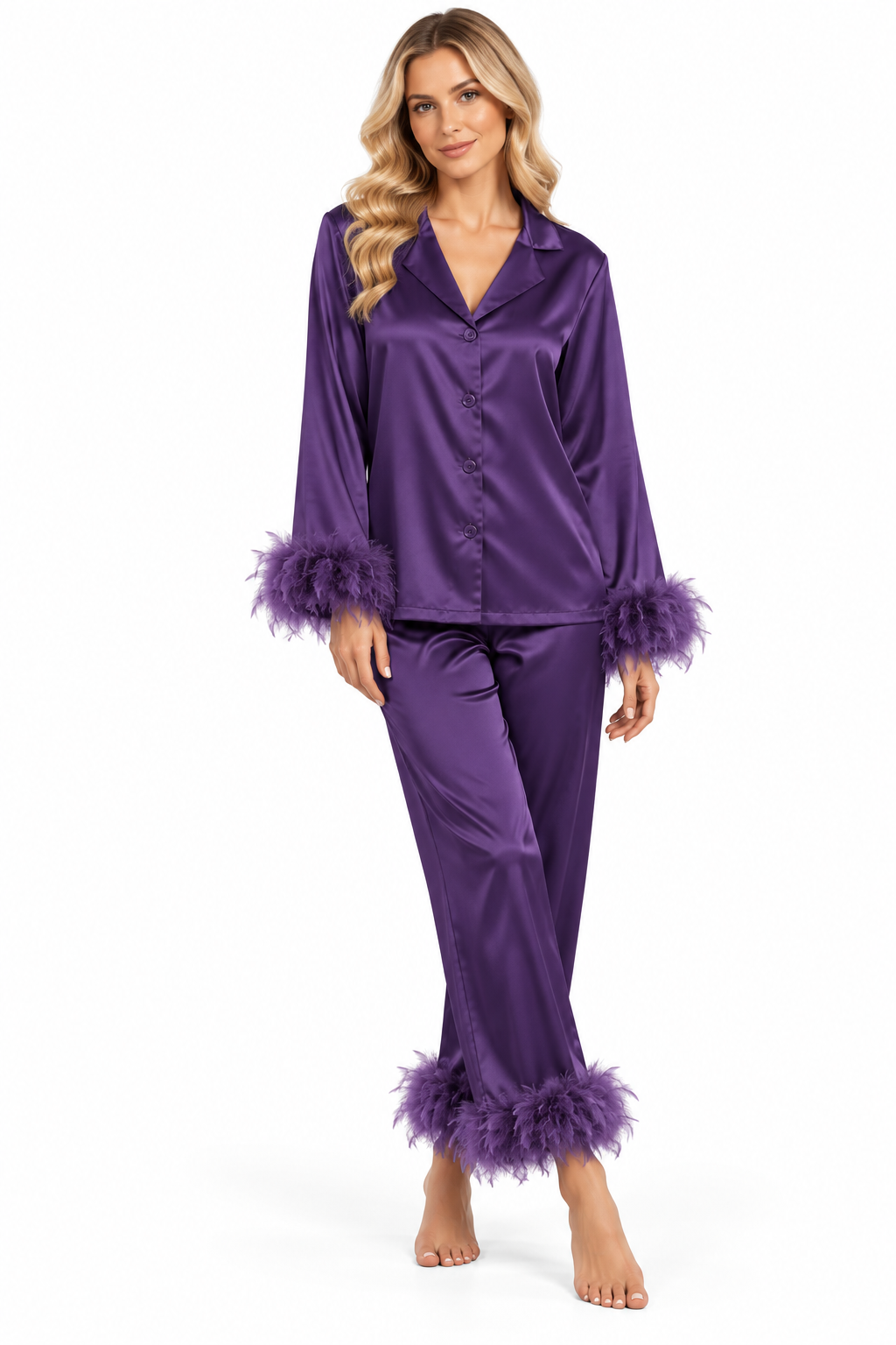 Silk Satin Feather Pajama Set purple