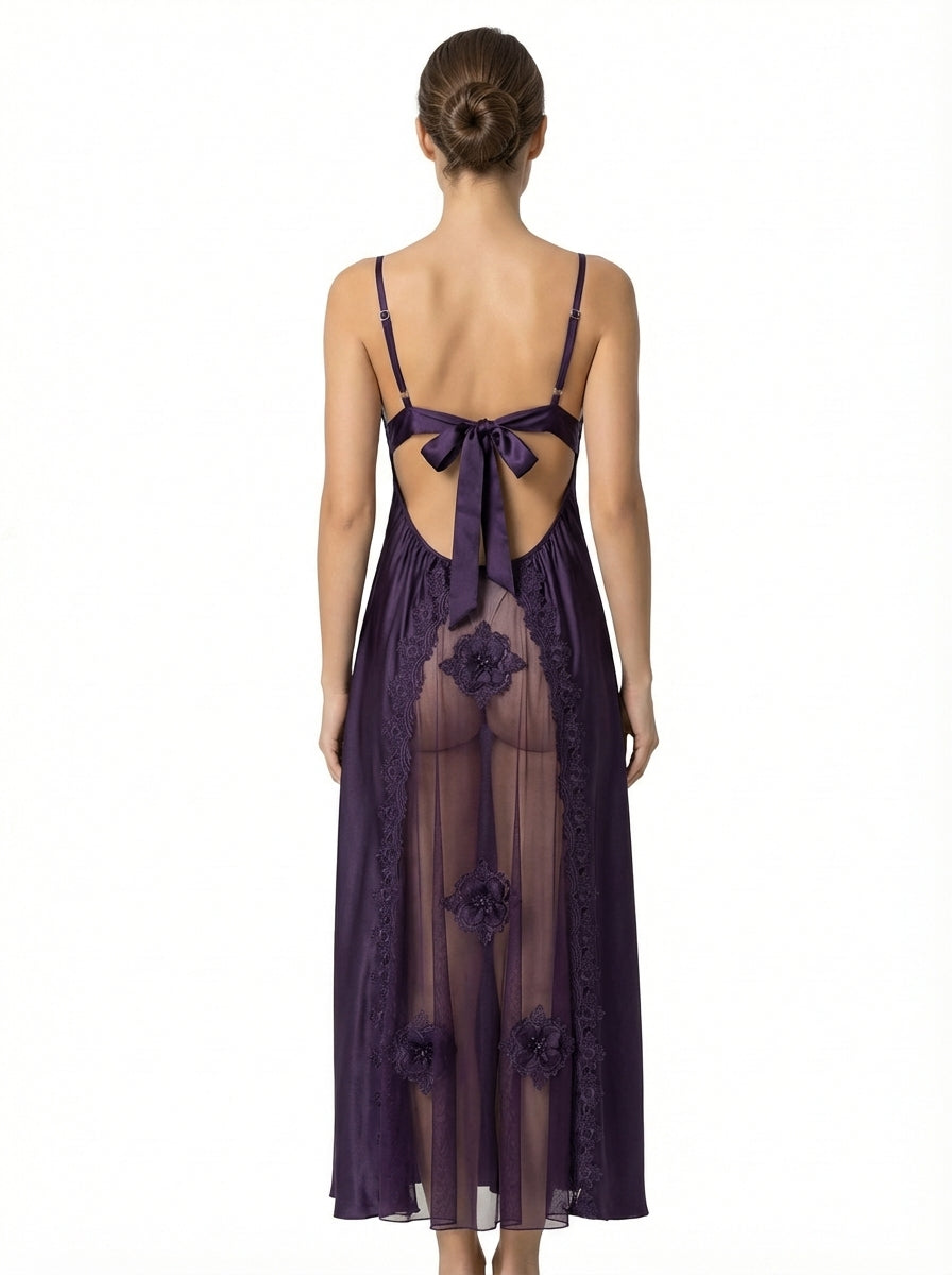 Long Dress lingerie silk satin purple ft1548