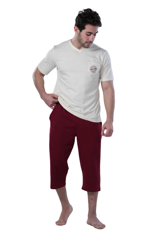 Men's Burgundy Pajama long short Set