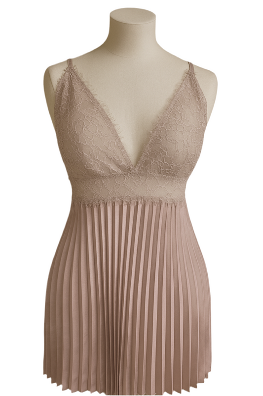 Short Night Dress Silk Satin & Lace - Nude