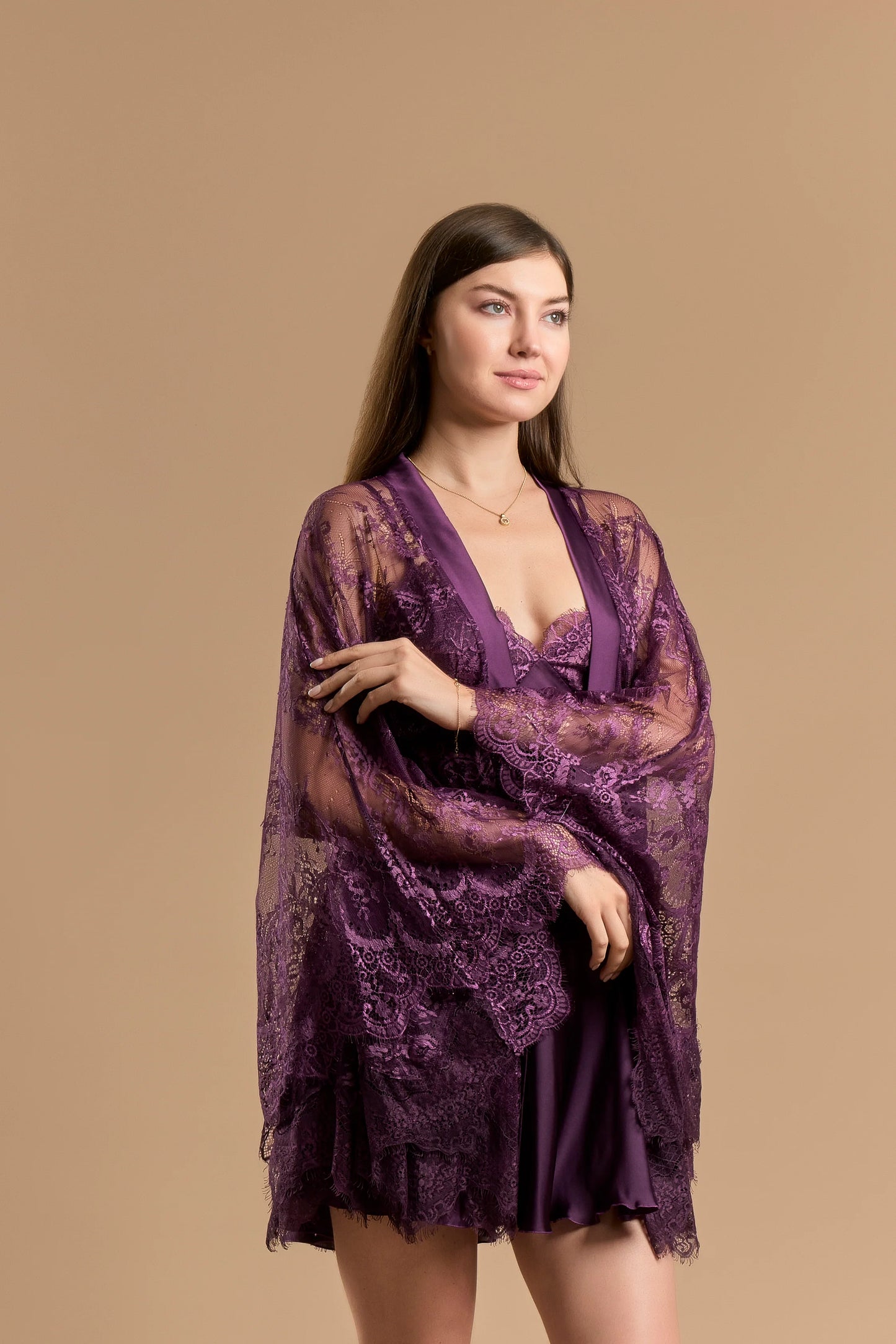 Short nightdress purple 2 piece satin & lace