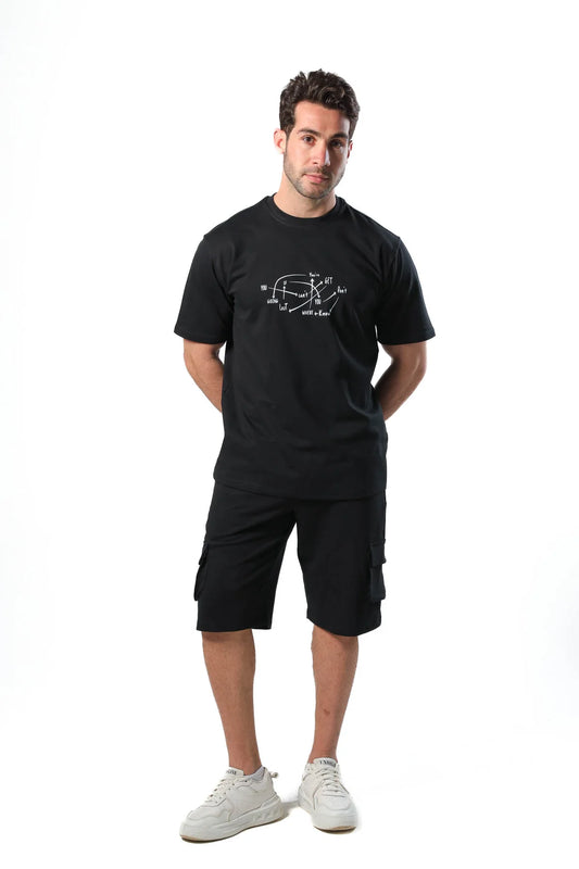 Men's pajama set with printed - Black cotton