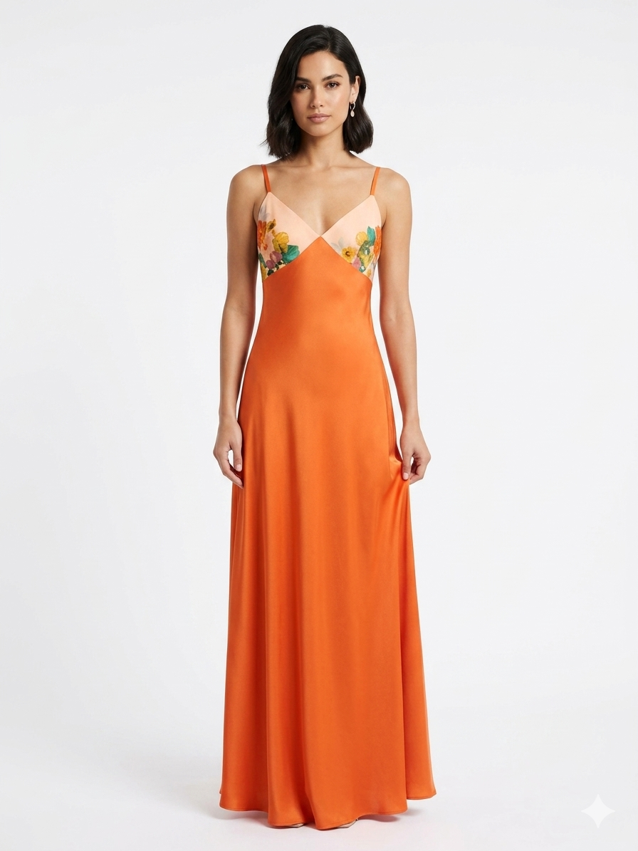 Luxury Chiffon Robe with Silk Satin Set Orange