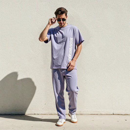Men's Relaxed Fit Lavender Lounge wear cotton Set with Bold Side Print