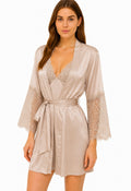 Short Satin & Lace Nightdress & Robe Set beige soft  2616