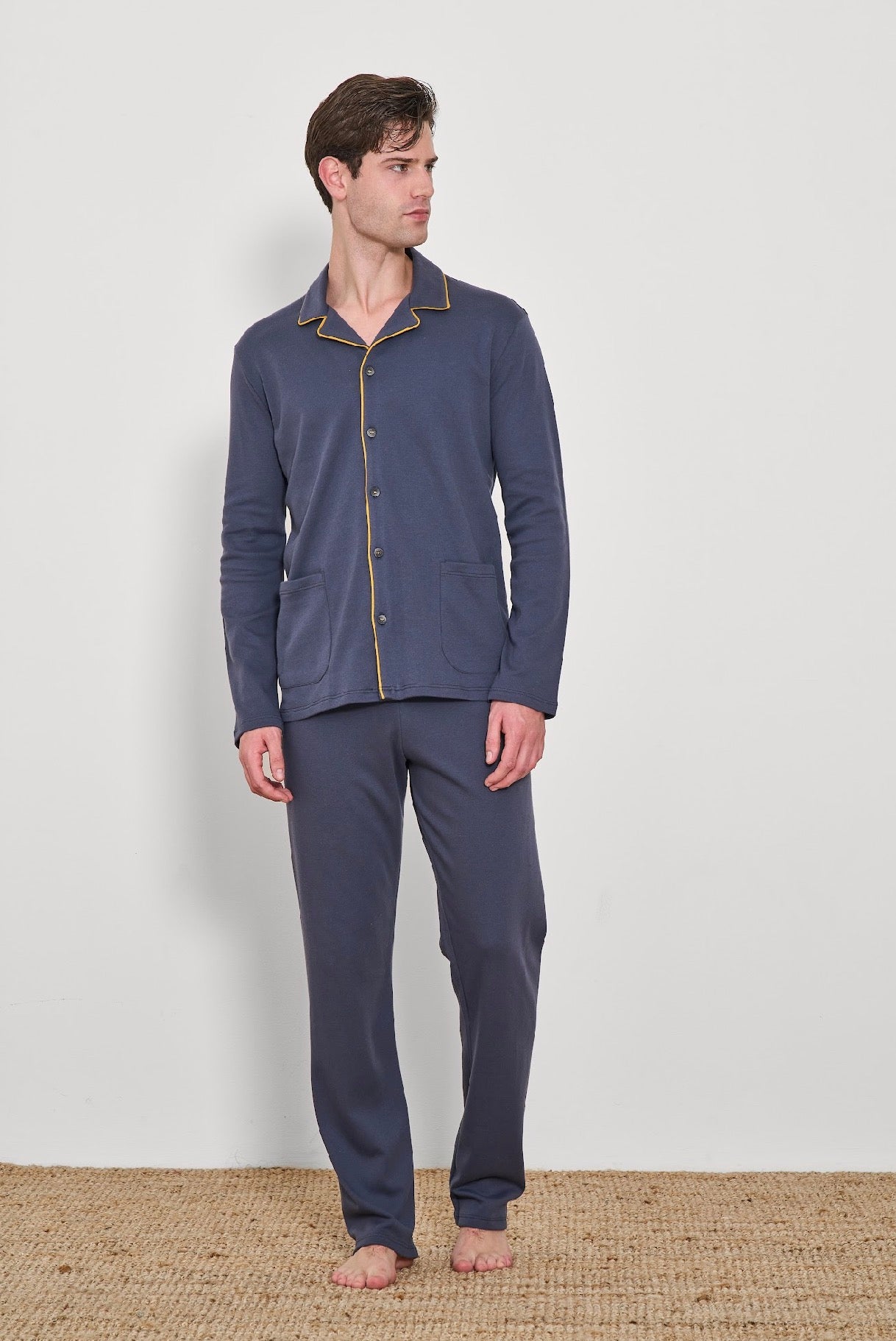 Men’s Pajama Italy Winter Cotton Pajama Set – Medium Thickness, Available in Grey and Navy L91044